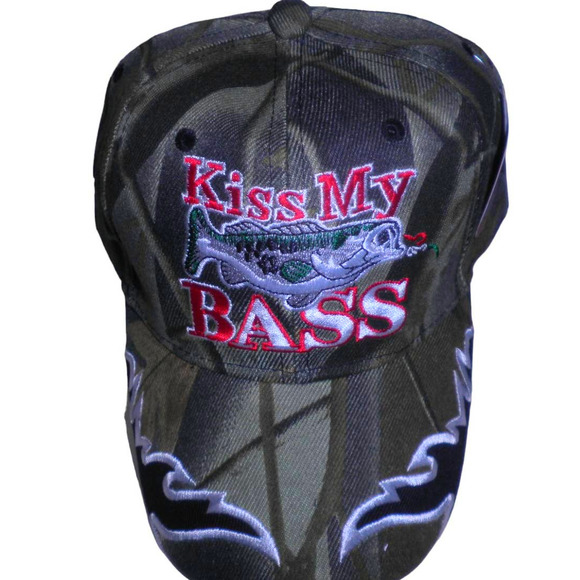 Embroidered Kiss My BASS Fishing Baseball Cap, Camo, Strapback, Trucker Hat - Picture 1 of 4